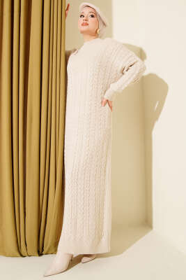 Pazarium - Saç Örgü Kabartmalı Triko Elbise Bej