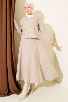 Pazarium - Brit Düğmeli Fitilli Kaşe Etekli İkili Takım Bej