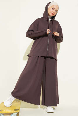 Pazarium - Loyşa Basic Fermuarlı Kapüşonlu İkili Takım Kahve