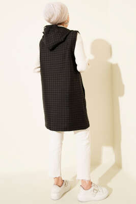 Fermuarlı Uzun Kapitone Yelek Siyah - Thumbnail