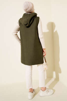 Fermuarlı Uzun Kapitone Yelek Haki - Thumbnail