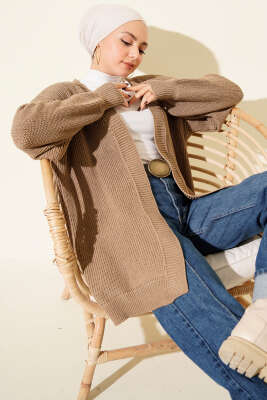 Pazarium - Pirinç Örgü Basic Triko Hırka Vizon