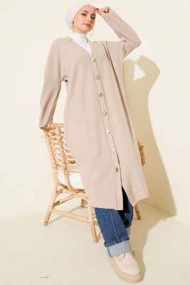 Pazarium - Gold Düğmeli Fitilli Kaşe Hırka Bej