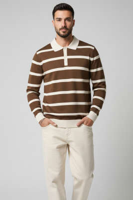 Pazarium - Düğmeli Polo Yaka Renkli Triko Kazak Kahve