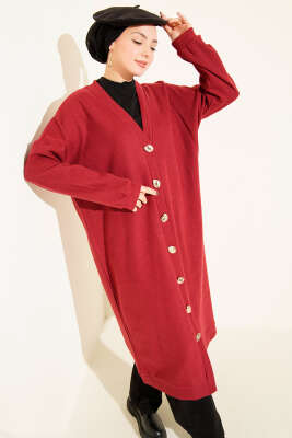 Pazarium - Gold Düğmeli Fitilli Kaşe Hırka Kırmızı