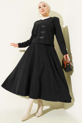 Pazarium - Brit Düğmeli Fitilli Kaşe Etekli İkili Takım Antrasit