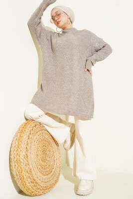 Pazarium - Çizgi Baklava Desen Triko Tunik Bronz