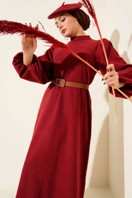 Pazarium - Balon Kol Kemerli Basic Elbise Bordo