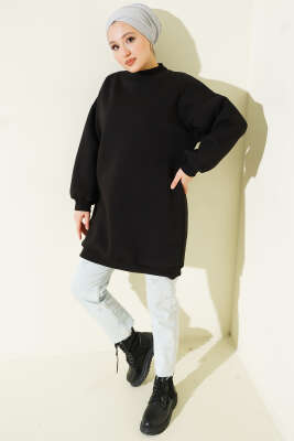 Boğazlı Balon Kollu Siyah Tunik - Thumbnail