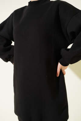 Boğazlı Balon Kollu Siyah Tunik - Thumbnail