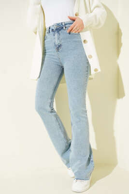 Pazarium - Kesik Paça İspanyol Paça Kot Pantolon Kar Açık