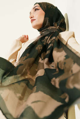 Pazarium - Çiçek Desenli Ribana Şal Haki