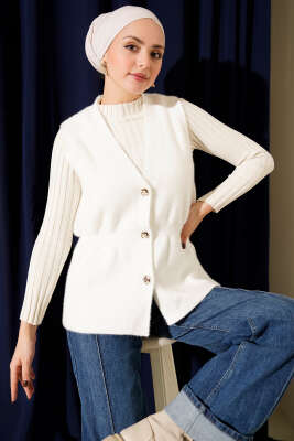 Pazarium - Gold Düğmeli Sakallı Yelek Ekru