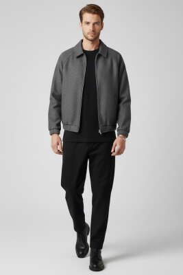 Fermuarlı Bel Lastikli Erkek Kaşe Mont Füme - Thumbnail