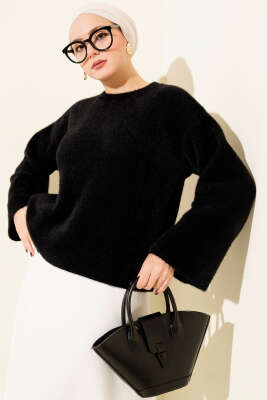 Pazarium - Bisiklet Yaka Salaş Sakallı Kazak Siyah