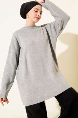 Pazarium - Basic Bisiklet Yaka Düz Triko Tunik Gri
