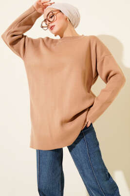 Pazarium - Basic Bisiklet Yaka Düz Triko Tunik Latte