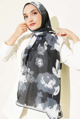 Pazarium - Çiçek Desenli Ribana Şal Siyah