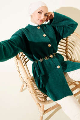 Pazarium - Beli Lastikli Sakallı Yumoş Hırka Zümrüt Yeşili