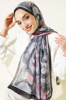 Çiçek Desenli Bambu Kraş Şal Siyah - Thumbnail