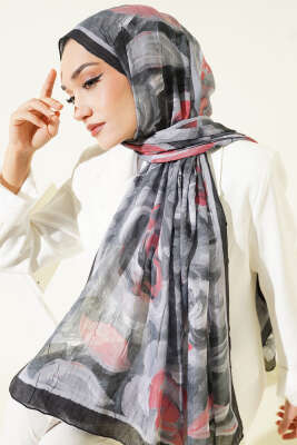 Çiçek Desenli Bambu Kraş Şal Siyah - Thumbnail