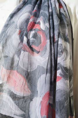 Çiçek Desenli Bambu Kraş Şal Siyah - Thumbnail