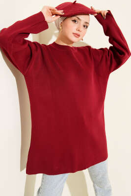 Pazarium - Basic Bisiklet Yaka Düz Triko Tunik Bordo