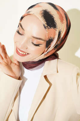 Şerit Geçişli Desenli Bambu Eşarp Kestane - Thumbnail