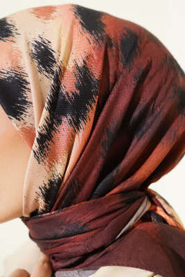 Şerit Geçişli Desenli Bambu Eşarp Kestane - Thumbnail