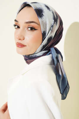 Şerit Geçişli Desenli Bambu Eşarp Lacivert - Thumbnail