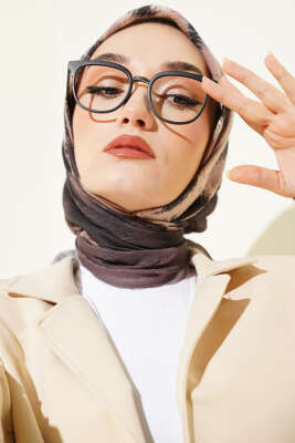 Pazarium - Şerit Geçişli Desenli Bambu Eşarp Vizon