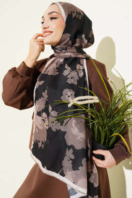 Pazarium - Çiçek Desenli Ribana Şal Siyah Bej
