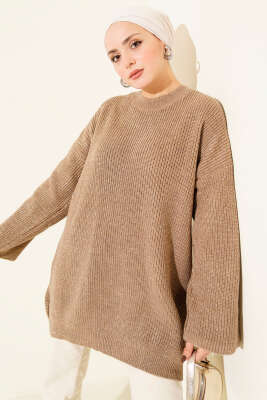 Pazarium - Salaş Bisiklet Yaka Simli Triko Tunik Latte