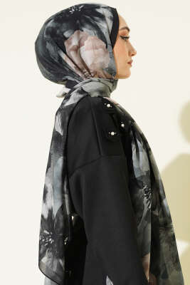 Flowers Desen Rami Şal Lacivert Bej - Thumbnail