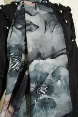 Flowers Desen Rami Şal Lacivert Bej - Thumbnail