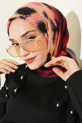 Şerit Geçişli Desenli Bambu Eşarp Bordo - Thumbnail