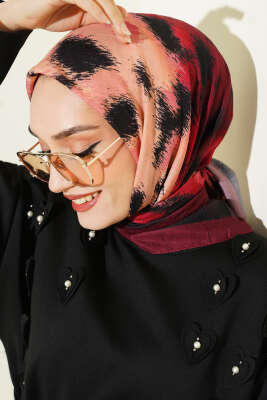 Şerit Geçişli Desenli Bambu Eşarp Bordo - Thumbnail