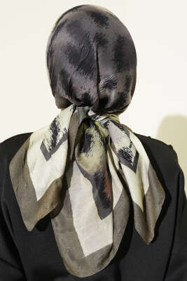 Şerit Geçişli Desenli Bambu Eşarp Haki - Thumbnail