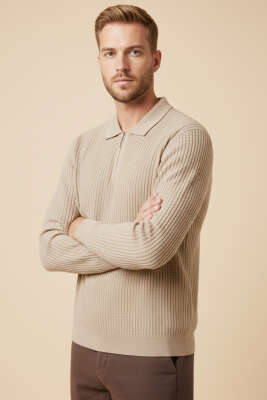 Pazarium - Desenli Polo Yaka Fermuarlı Kazak Bej