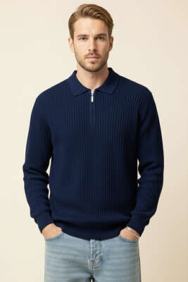 Pazarium - Desenli Polo Yaka Fermuarlı Kazak Lacivert