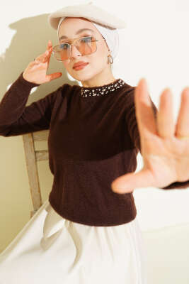 Yakası Taşlı Sakallı Kazak Kahve - Thumbnail