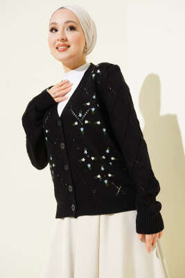 Pazarium - Delikli Çiçek Nakışlı Triko Hırka Siyah