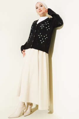 Delikli Çiçek Nakışlı Triko Hırka Siyah - Thumbnail