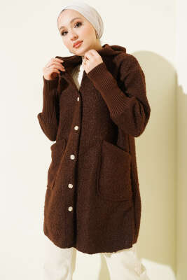 Pazarium - Kol Ribanalı Kapüşonlu Buklet Kap Kahve