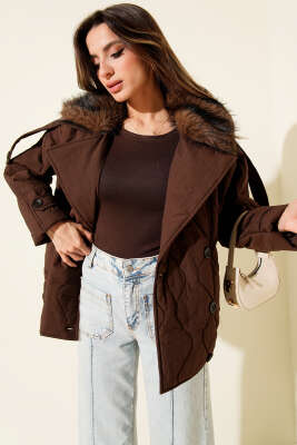 Yaka Kürklü Kapitone Mont Kahve - Thumbnail