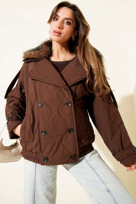 Yaka Kürklü Kapitone Mont Kahve - Thumbnail