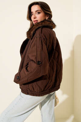 Yaka Kürklü Kapitone Mont Kahve - Thumbnail