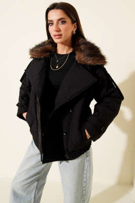 Yaka Kürklü Kapitone Mont Siyah - Thumbnail