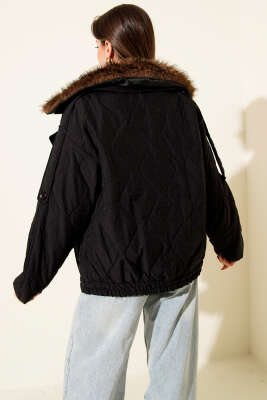 Yaka Kürklü Kapitone Mont Siyah - Thumbnail