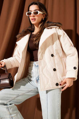 Yaka Kürklü Kapitone Mont Taş - Thumbnail